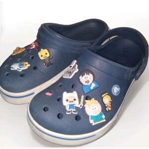 New Crocs Classic Clog Comfort Navy Blue White Stripe w/ Kids Charms M5 W7